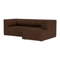Brown sectional sofa with a sleek, modern design and smooth fabric texture, perfect for contemporary living spaces.