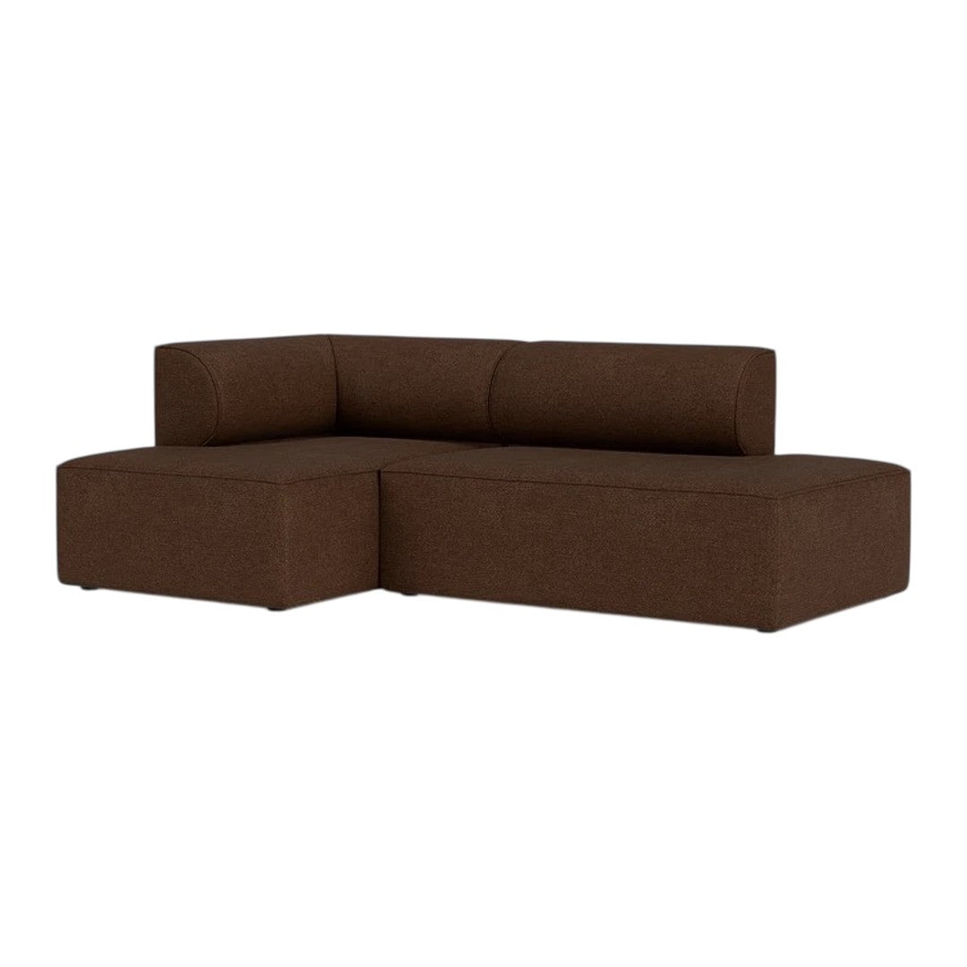 Brown sectional sofa with a modern, minimalist design and sleek, upholstered fabric finish.