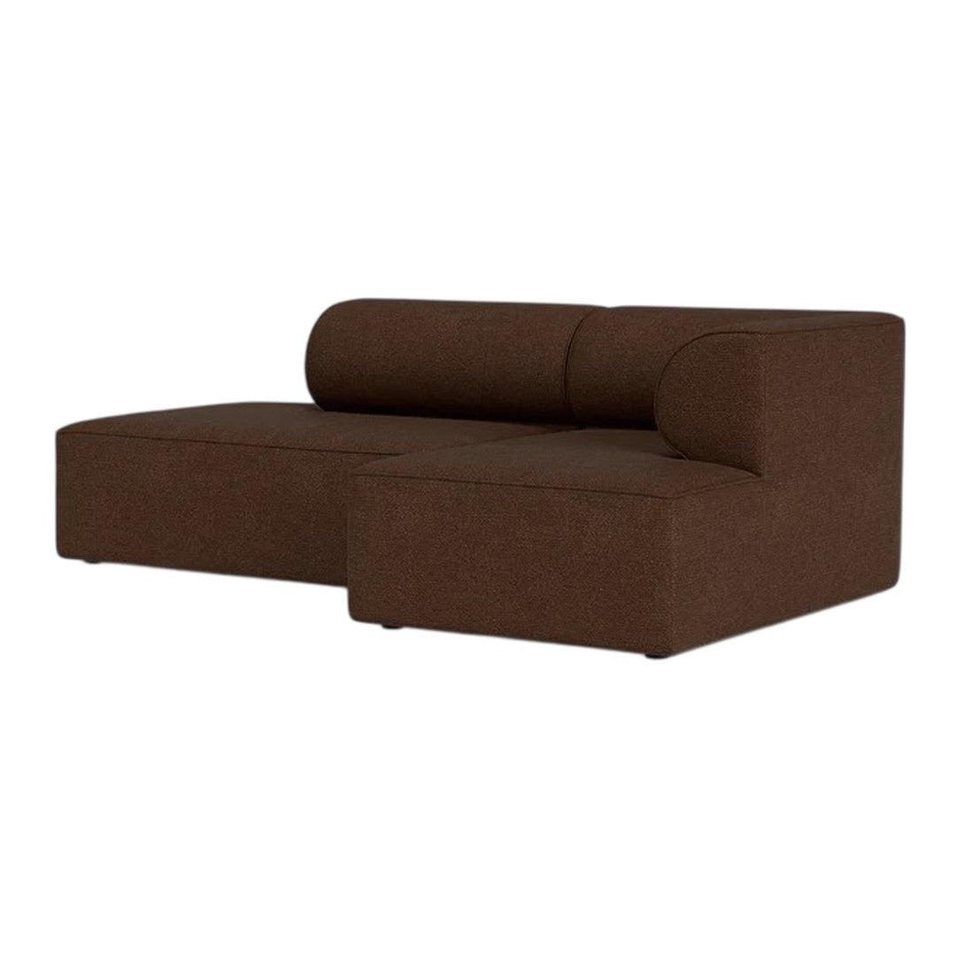 Brown sectional sofa with a smooth, modern fabric and a minimalist design, featuring clean lines and curved backrest.