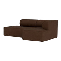 Brown sectional sofa with a smooth, modern fabric and a minimalist design, featuring clean lines and curved backrest.