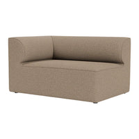 Brown upholstered sofa with a modern curved design and textured fabric, perfect for contemporary living spaces.