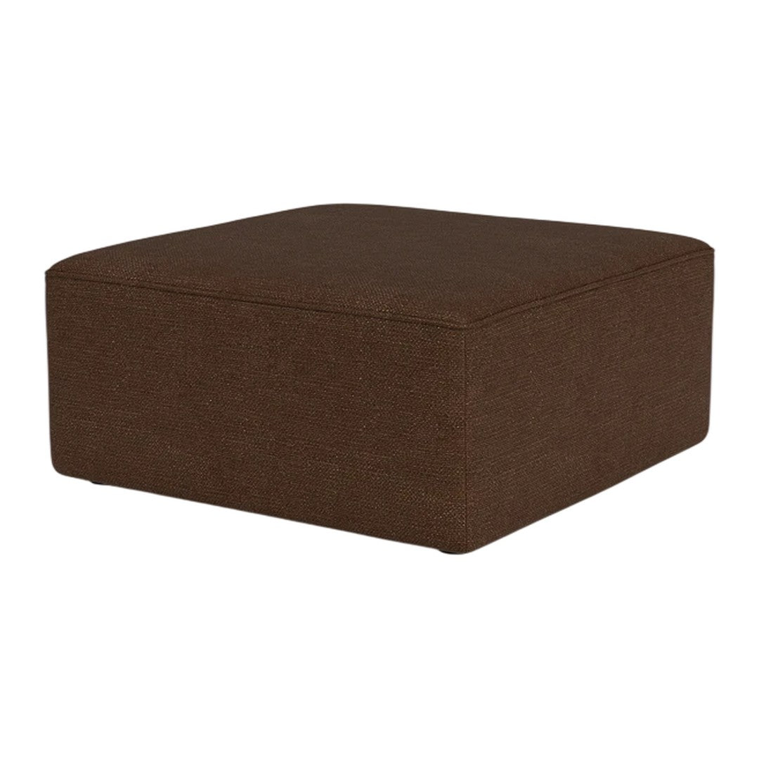 Brown square ottoman with a smooth, solid fabric finish, perfect for stylish and modern decor.