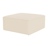 Beige square ottoman with a smooth, textured surface, perfect for modern decor.