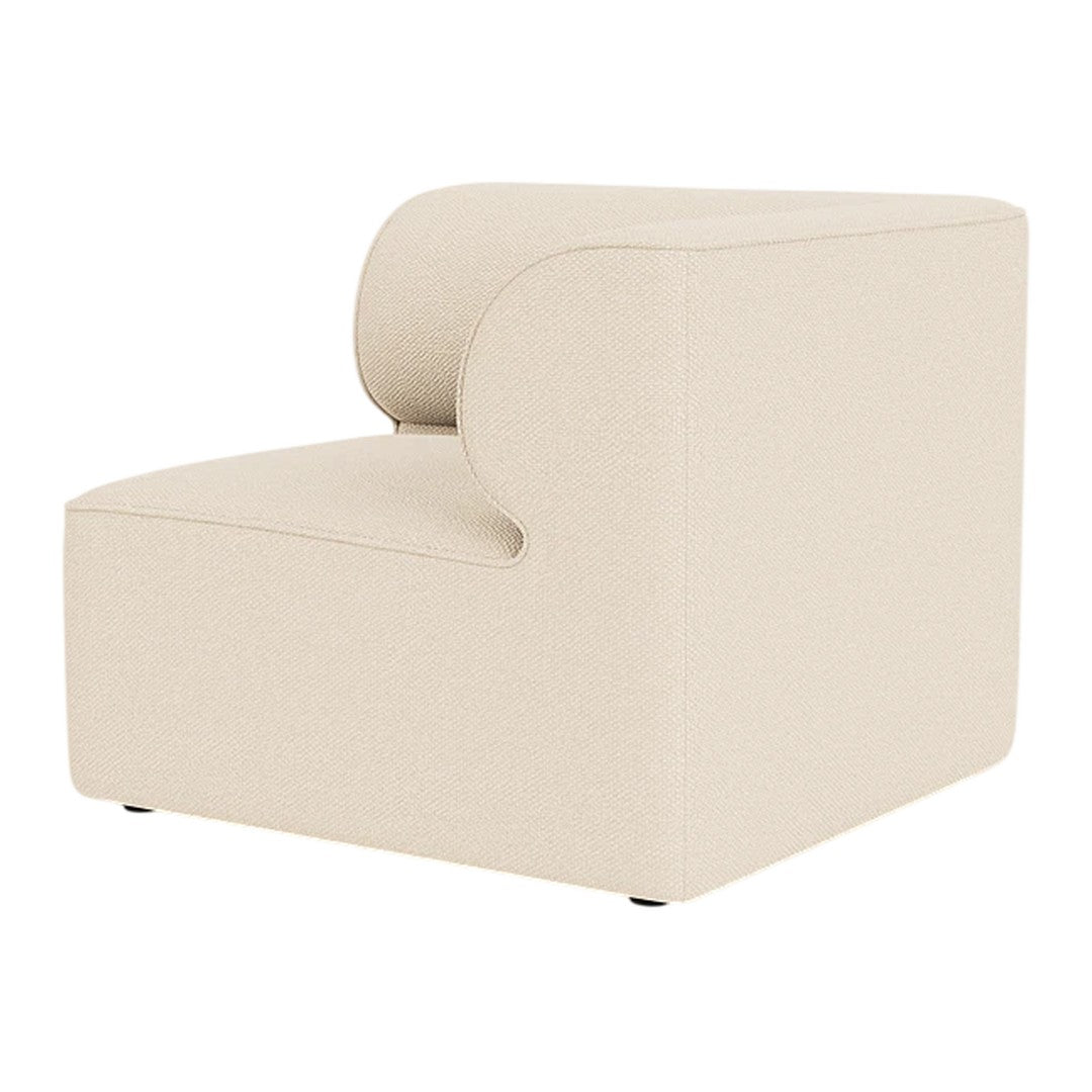 Olive green curved accent chair with a smooth, modern design and solid fabric texture. Perfect for contemporary decor.