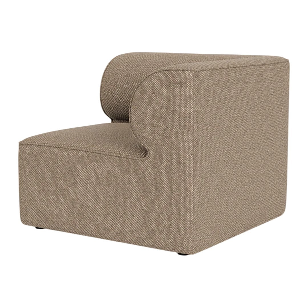 Gray upholstered accent chair with a textured, woven pattern and curved backrest design.