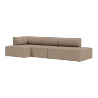 Beige modular sofa with a smooth, textured fabric and minimalist design, featuring clean lines and a modern aesthetic.