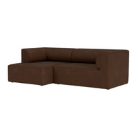 Brown L-shaped sectional sofa with a solid fabric pattern, featuring a minimalist design and comfortable seating.