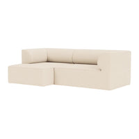 Beige modern sectional sofa with a clean, minimalist design and plush, rounded back cushions.