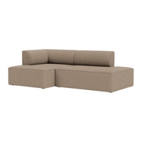 Beige sectional sofa with a smooth, textured fabric featuring minimalist design and clean lines.