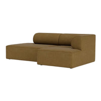 Brown textured fabric sectional sofa with a modern design and rounded armrest, perfect for contemporary spaces.