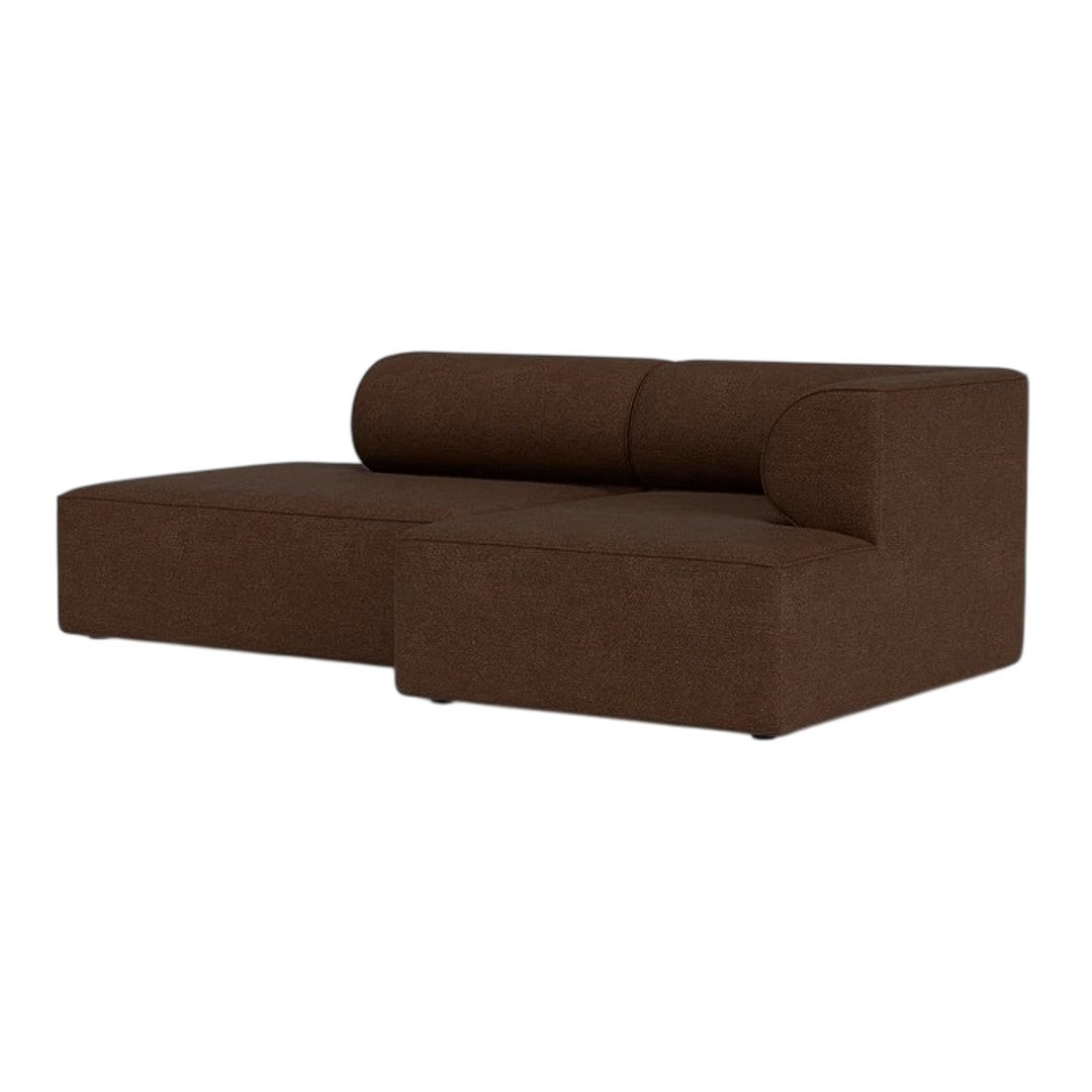 Brown fabric sectional sofa with a smooth texture and contemporary design, featuring a rounded backrest for comfort.
