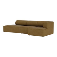 Brown sectional sofa with a sleek, minimalist design and smooth fabric texture. Ideal for modern living spaces.