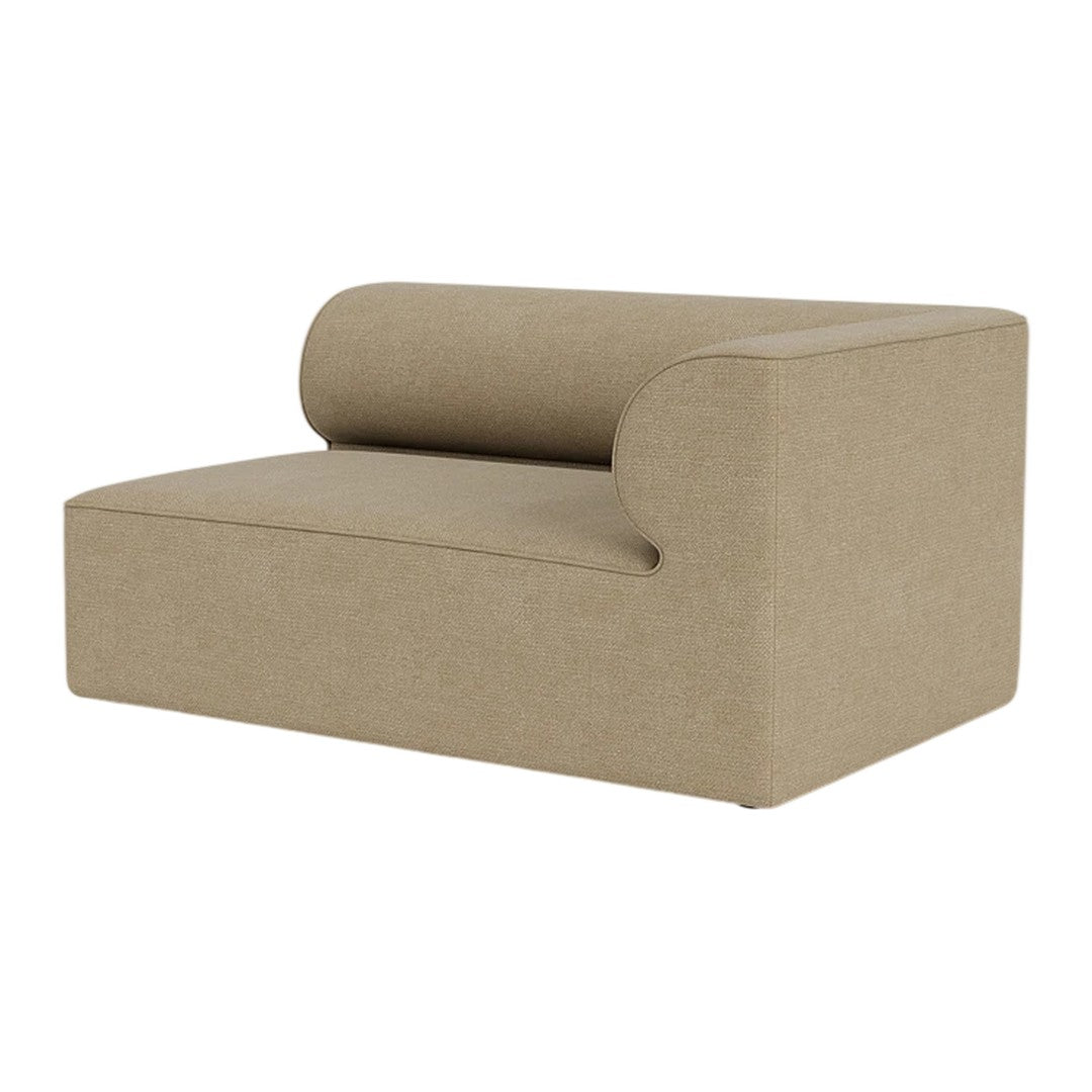Beige upholstered modular sofa with smooth, minimalist design and rounded armrest for contemporary interiors.