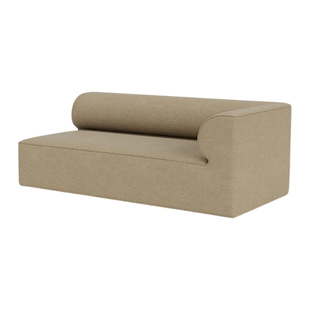 Beige textured sofa with a unique rolled back design, perfect for modern living spaces.