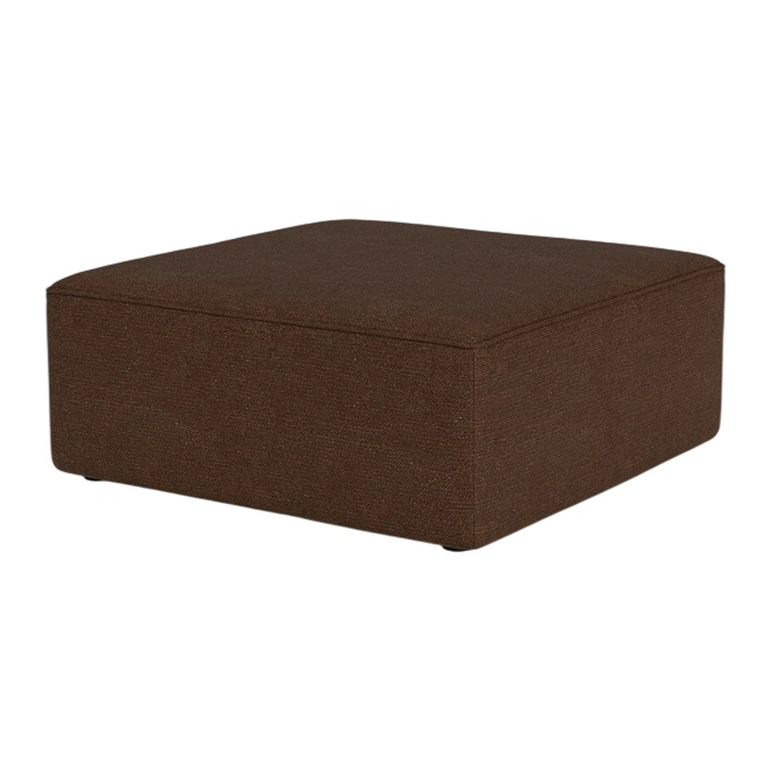 Square brown ottoman with a smooth, solid fabric finish, perfect for any modern living space.