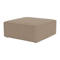 Square, taupe ottoman with a textured fabric, perfect for modern decor.