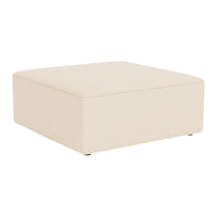Cream-colored square ottoman with a smooth, minimalist design and no visible patterns.
