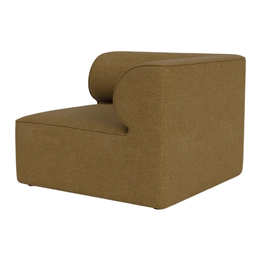 "Stylish brown upholstered chair with a modern, minimalist design and smooth, curved edges."