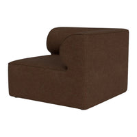 Brown upholstered accent chair with a smooth, minimalist design and soft, rounded edges. Ideal for modern interiors.