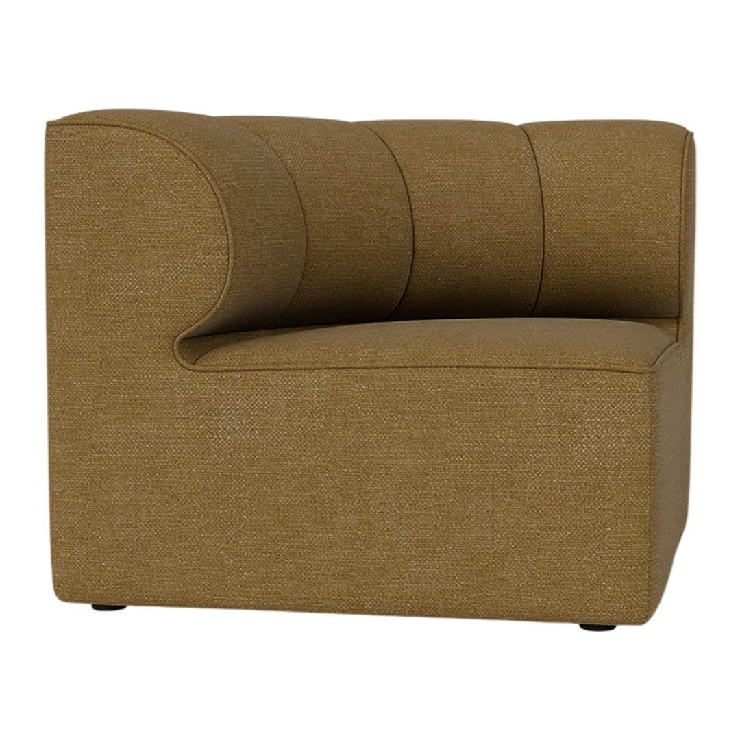 Stylish yellow-brown upholstered corner chair with elegant vertical tufted design. Perfect for modern decor.