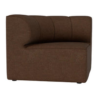 Brown curved sofa with textured fabric and subtle horizontal stitching pattern. Perfect for modern living spaces.