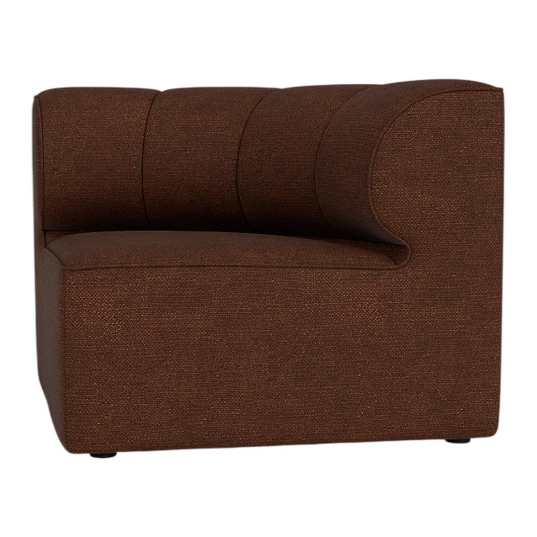 Brown upholstered chair with a sleek curved design and subtle textured pattern. Perfect for modern interiors.