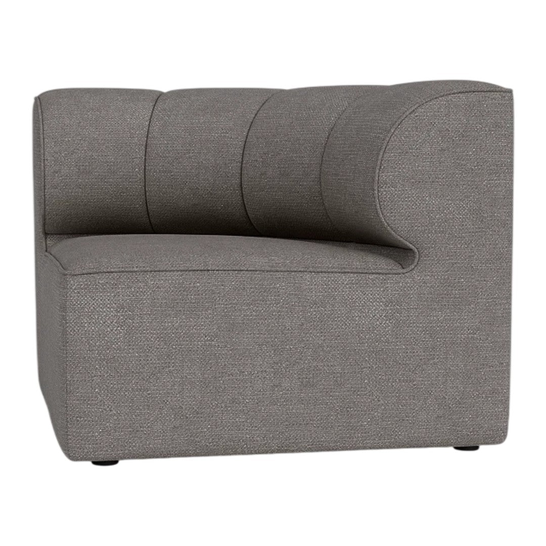 Gray upholstered accent chair with subtle ribbed texture and rounded edges for modern decor.