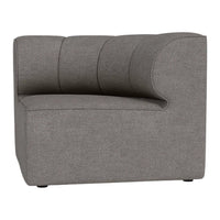 Gray upholstered accent chair with subtle ribbed texture and rounded edges for modern decor.
