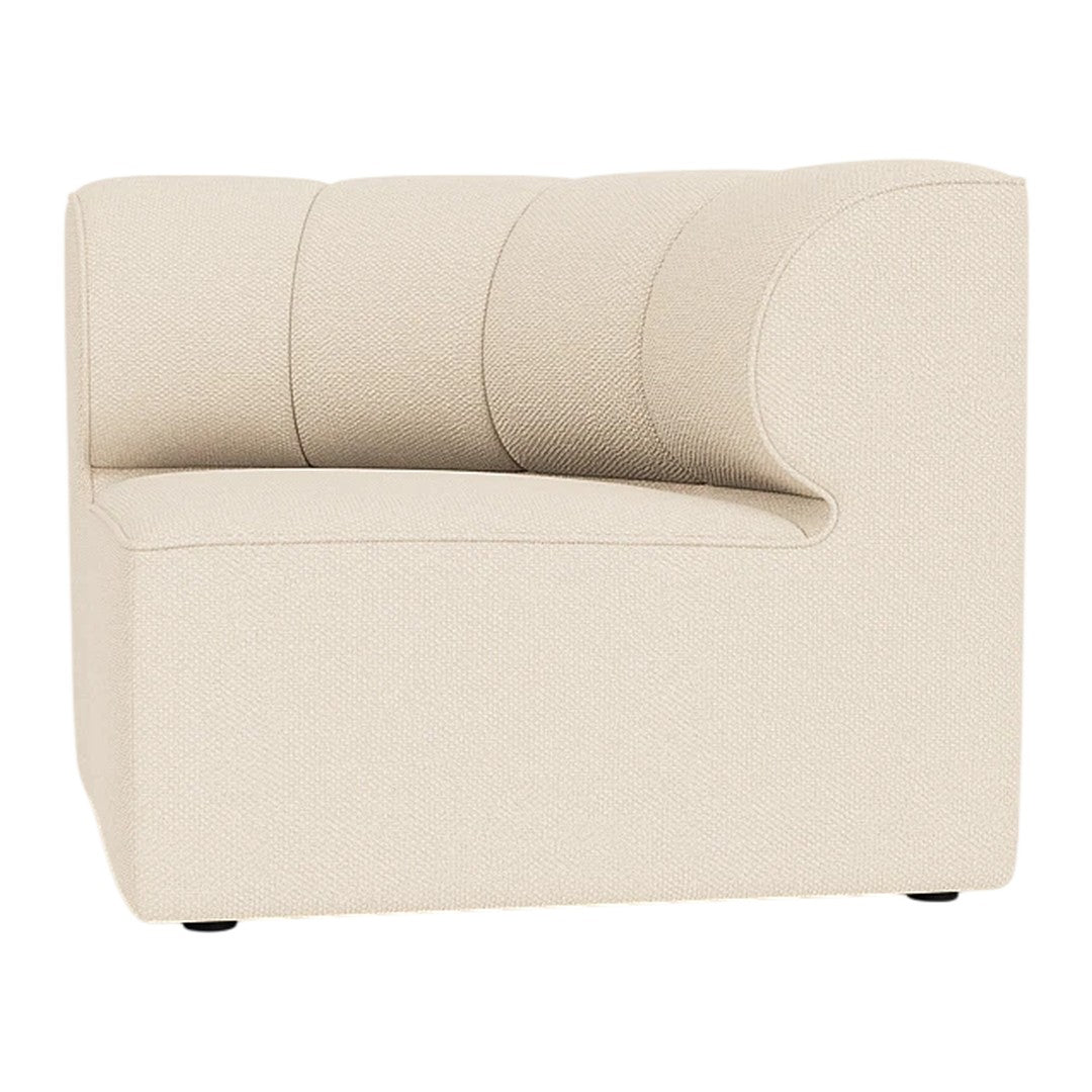 Cream-colored upholstered chair with subtle curved design and horizontal stitching pattern.