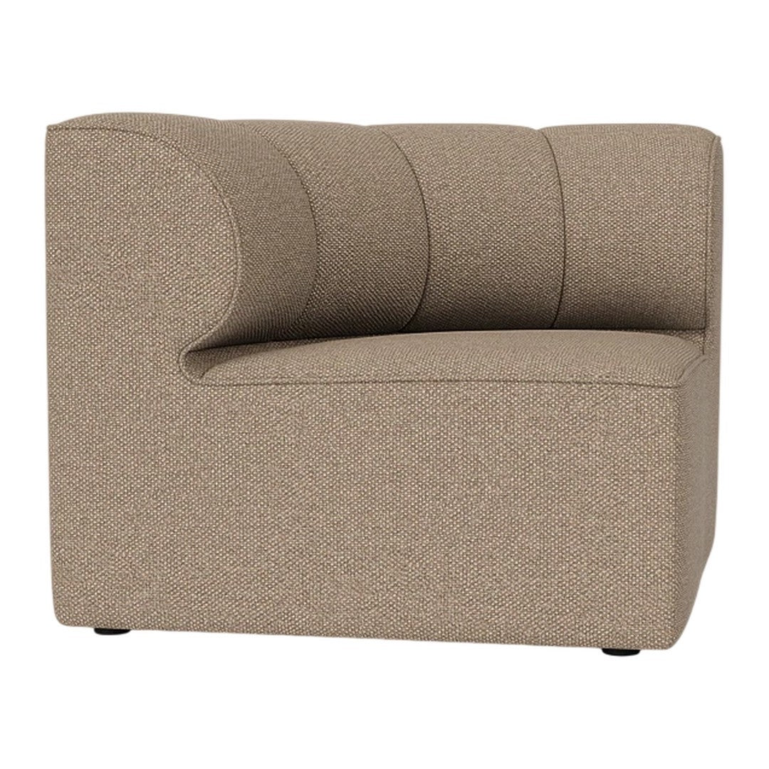 Beige textured upholstery with subtle ribbed pattern on a modern, curved armchair design.