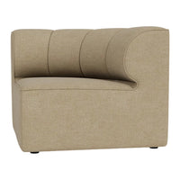 Beige curved accent chair with textured fabric and subtle horizontal stitching. Modern, stylish design for any space.