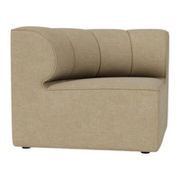 "Beige accent chair with subtle striped texture and modern curved design."