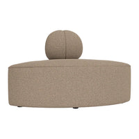 Beige textured ottoman with a round backrest, featuring a smooth, contemporary design. Perfect for modern decor.