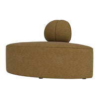 Curved mustard yellow accent chair with a round backrest, featuring a soft textured fabric for a modern look.