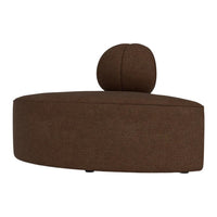 Brown curved sofa with a circular backrest, featuring a textured fabric for a modern, stylish look.