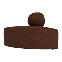 Brown upholstered modern chair with a rounded design and a matching spherical cushion. Soft texture and minimal pattern.