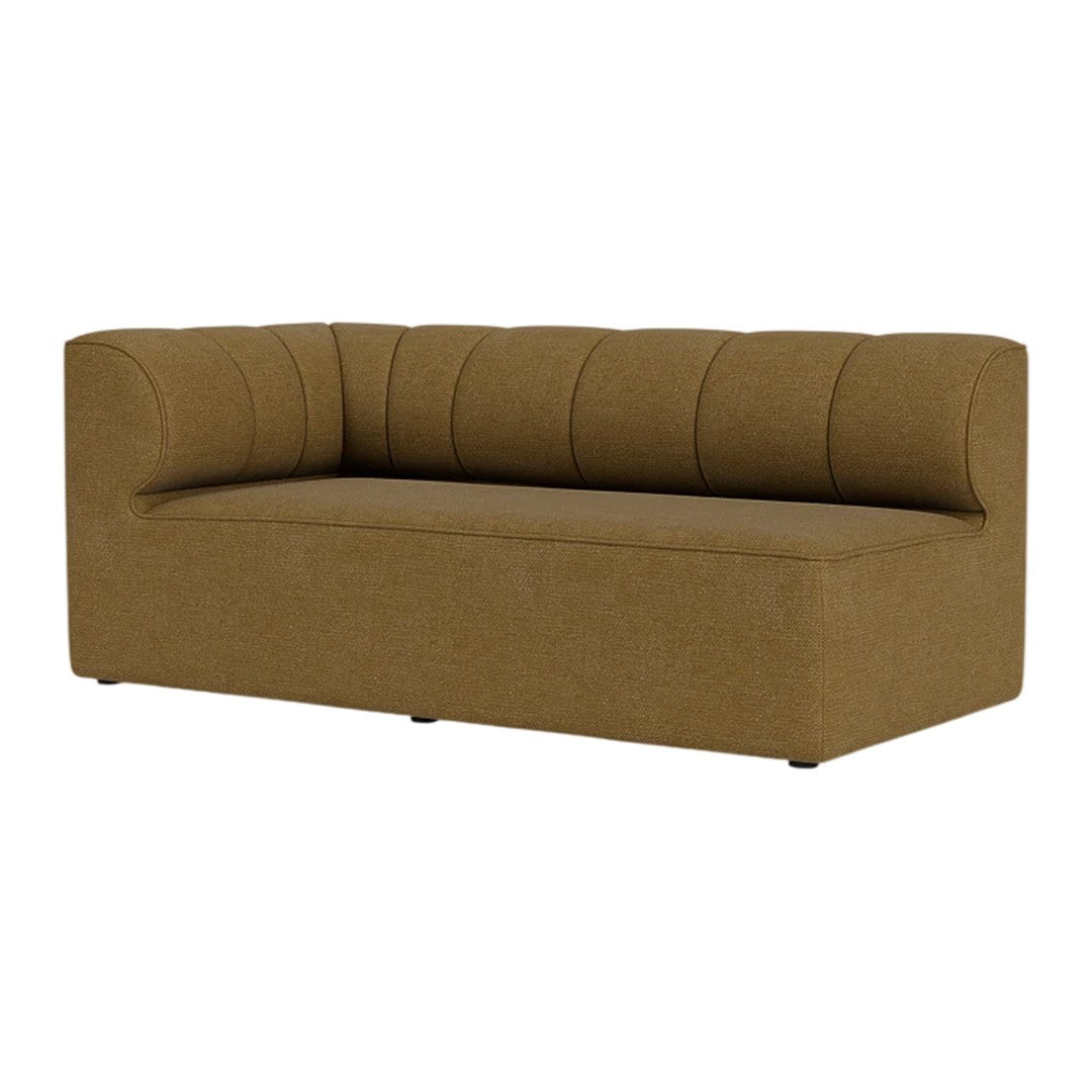 Brown upholstered sofa with vertical tufted accents, featuring a modern and minimalist design.