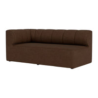 Brown upholstered sofa with a sleek, modern design and subtle tufted detailing on the backrest.