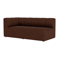 Brown upholstered sofa with a sleek, modern design and vertical tufted pattern.