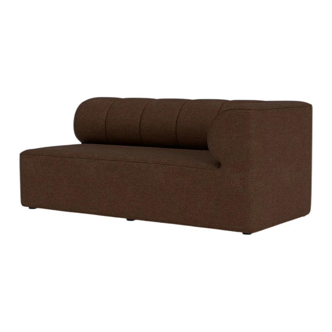Brown upholstered sofa with textured fabric and a modern, minimalist design featuring a round backrest.