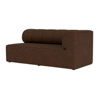 Brown upholstered sofa with textured fabric and a modern, minimalist design featuring a round backrest.