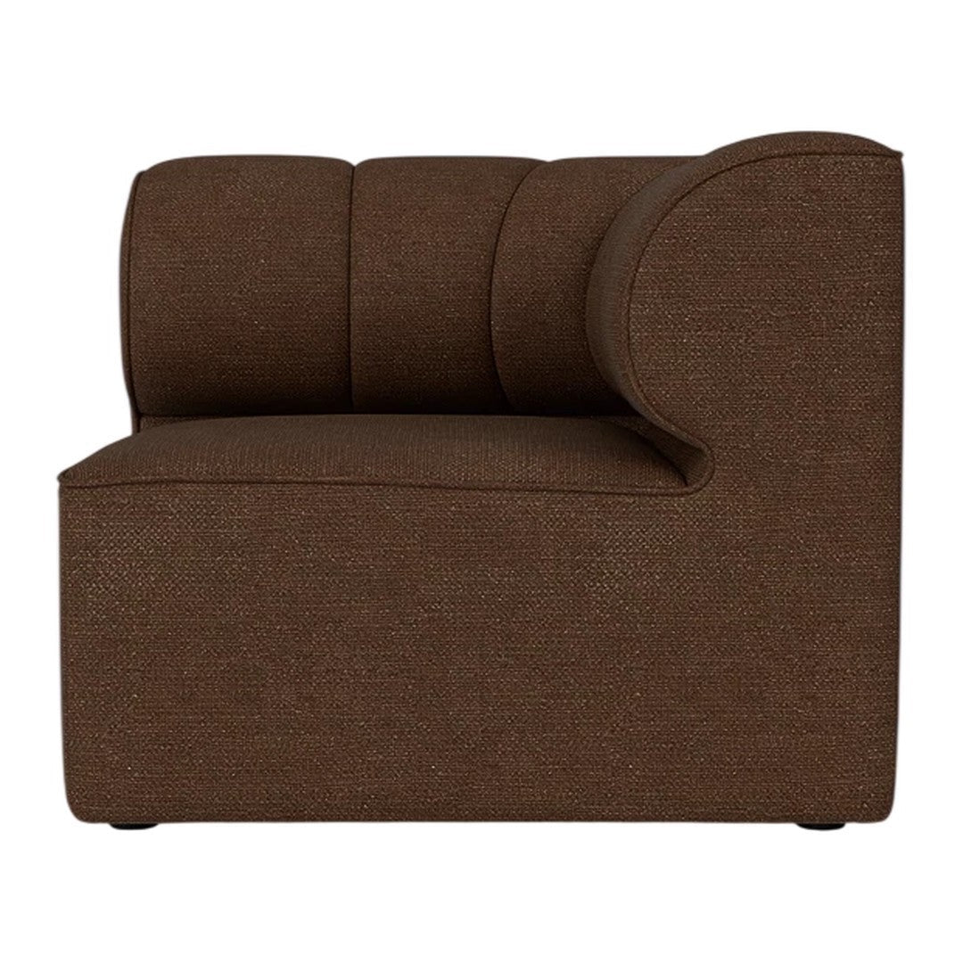 Brown textured upholstery sectional sofa with rounded armrest and tufted back. Perfect for modern living spaces.