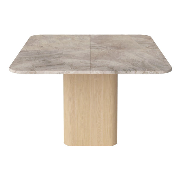 Gray marble tabletop with subtle veining, paired with a seamless light wood pedestal base. Modern and elegant design.