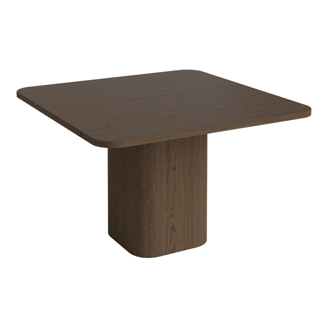 Brown square dining table with a smooth surface and rounded edges, featuring a simple and modern design.