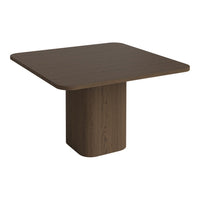 Brown square dining table with a smooth surface and rounded edges, featuring a simple and modern design.