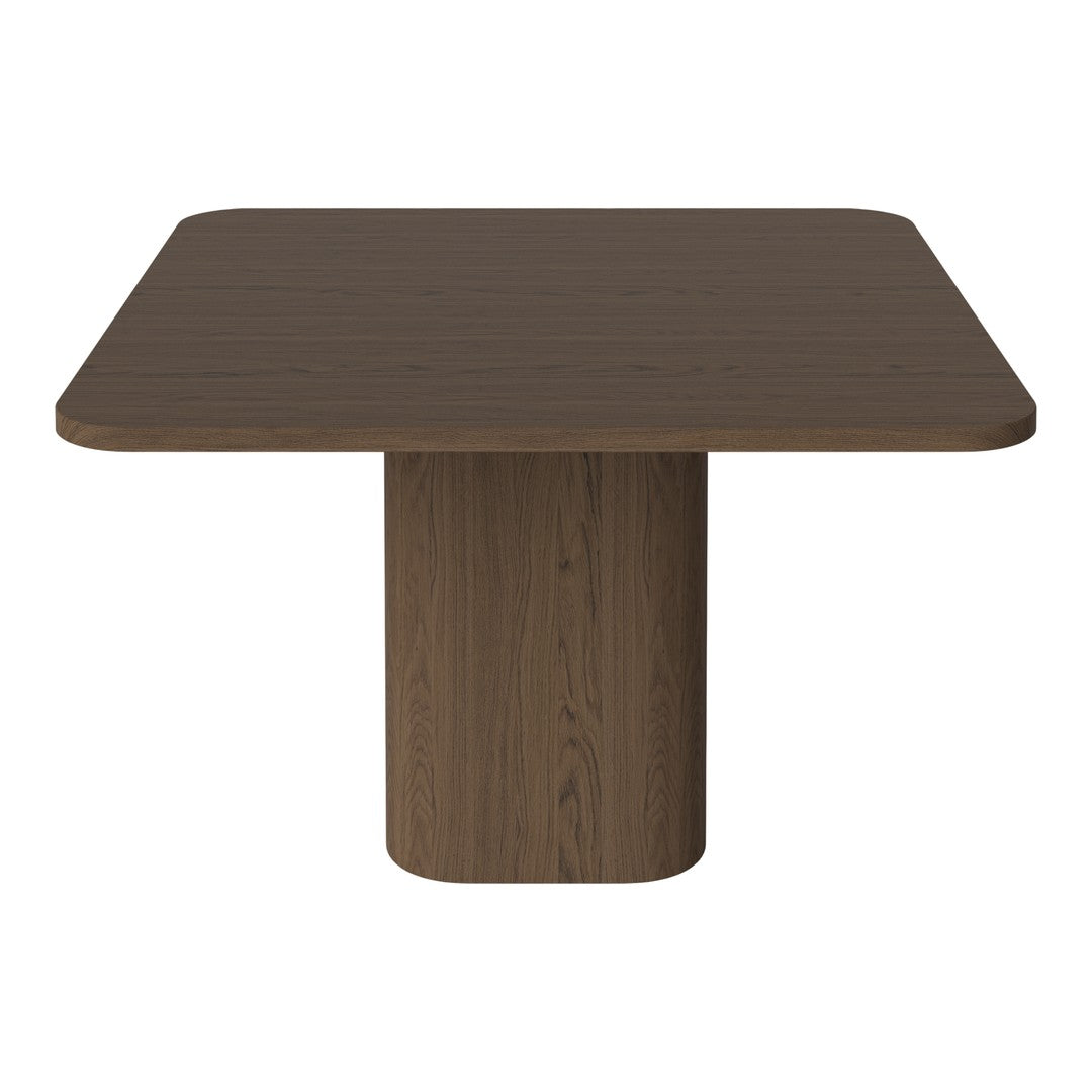 Brown square dining table with a smooth wood grain pattern and a cylindrical pedestal base. Ideal for modern decor.