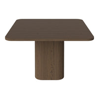 Brown square dining table with a smooth wood grain pattern and a cylindrical pedestal base. Ideal for modern decor.