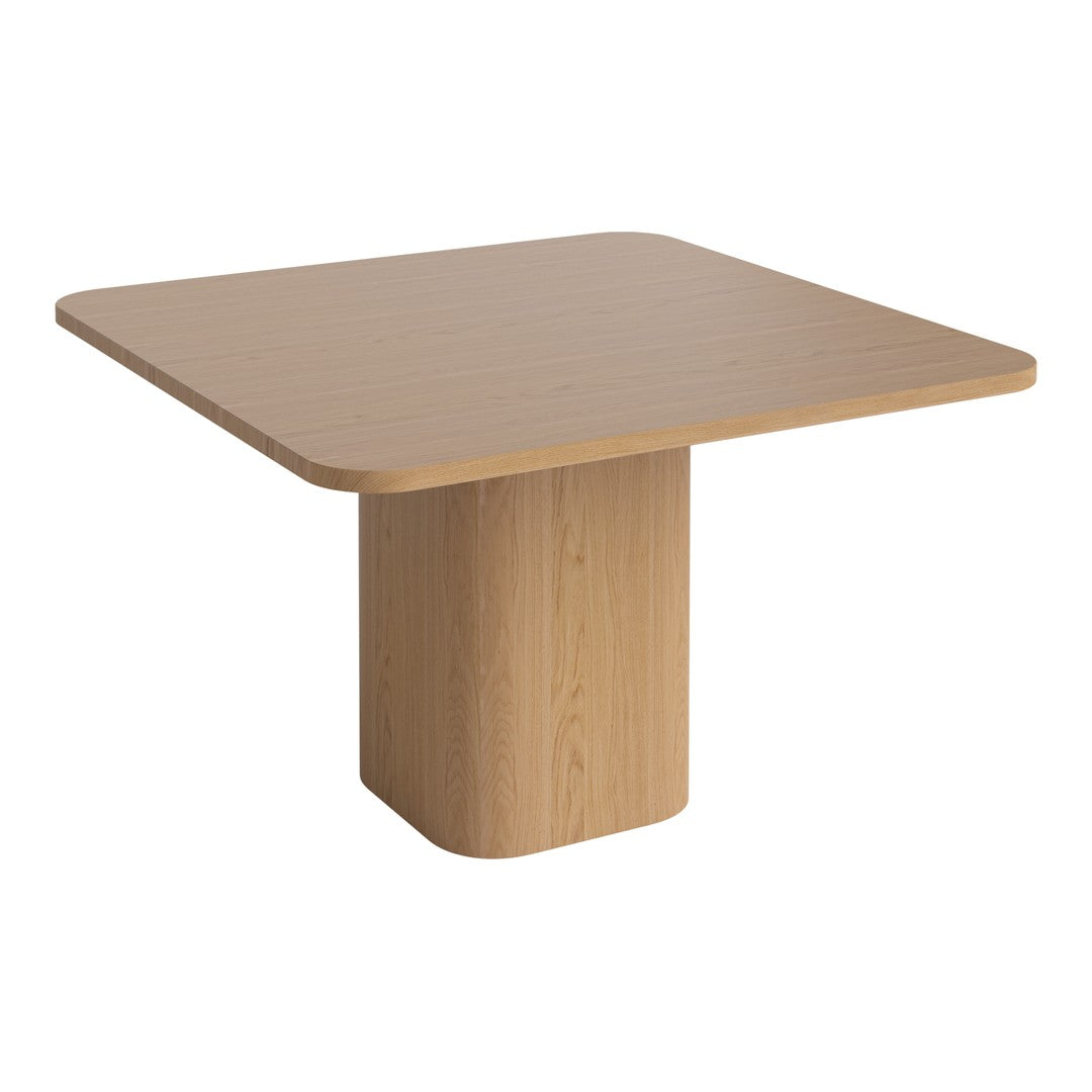 Light maple square table with a smooth surface and rounded edges, featuring a simple, modern design.
