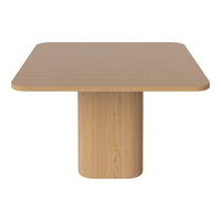 Square wooden dining table in light oak finish with a smooth, minimalist design and rounded edges.