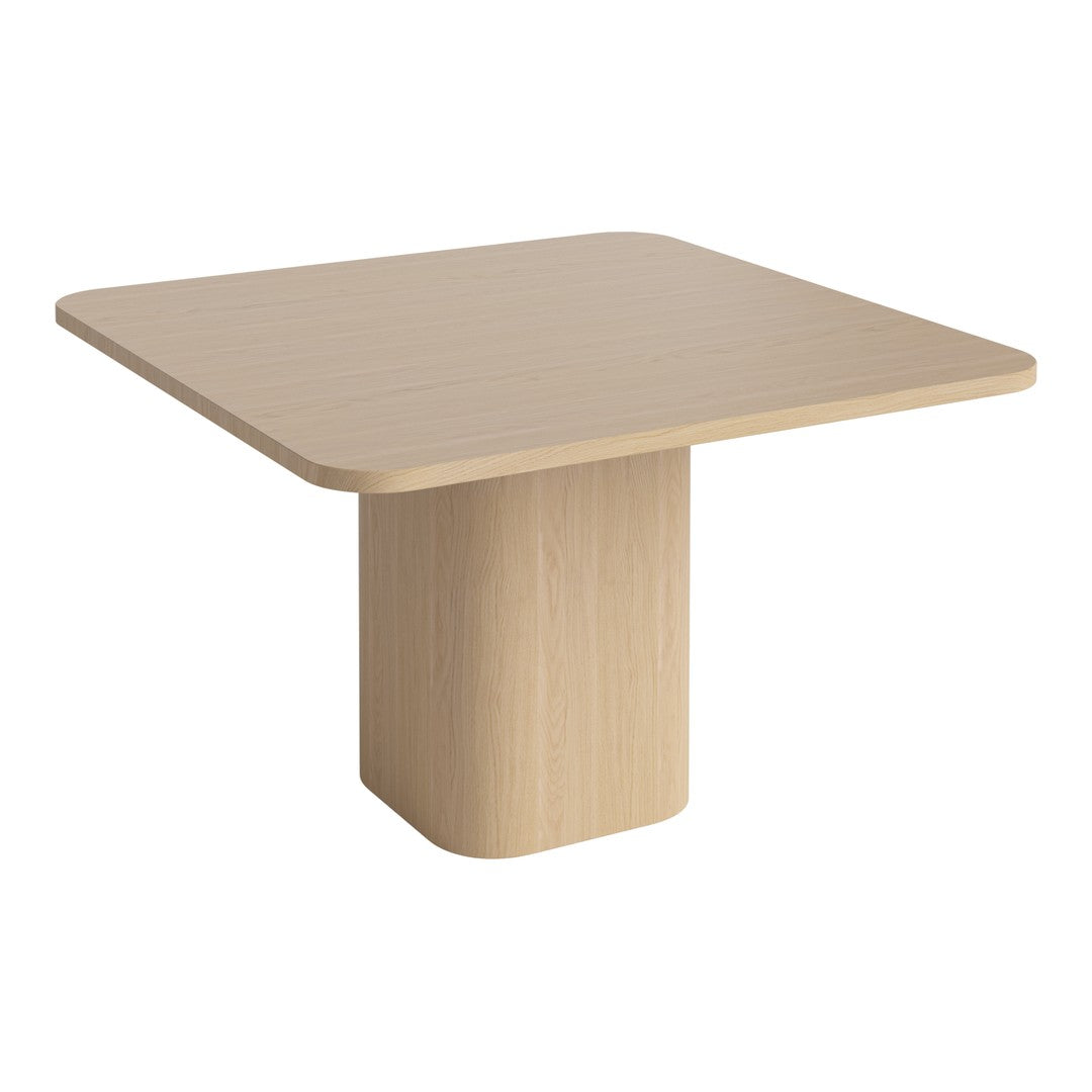 Light wood square table with a smooth surface and rounded edges, featuring a minimalist design and natural grain pattern.